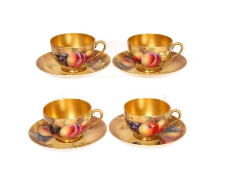 A SET OF FOUR ROYAL WORCESTER FRUIT PAINTED CABINET TEACUPS AND SAUCERS, painted by J. Smith, each decorated with summer frui