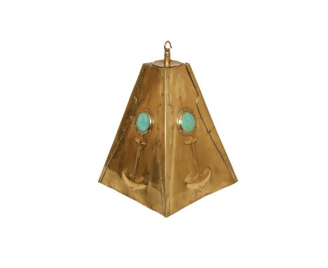 A BRASS LANTERN IN THE ART NOUVEAU TASTE, tapering square section, each side mounted with a blue/green ceramic cabochon above