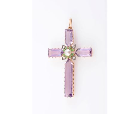 AN AMETHYST AND PEARL PENDANT, circa 1880-1890, the four rectangular cut amethysts set in cross formation, set to the centre 