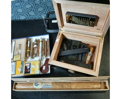 HUMIDOR WITH CIGARS &amp; CUTTER WITH LARGE ISLAS CANARIAS CIGAR