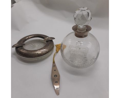 3 ITEMS OF SILVER - PERFUME BOTTLE - ASHTRAY &amp; BOOKMARK