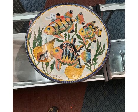TERRACOTTA GLAZED LARGE FISH PLATTER - SIGNED FRONT &amp; BASE ANIBAL RUSANO - MEXICAN ORIGIN