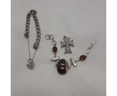 CRYSTAL CROSS WITH 925 SILVER MARK, SILVER CHAIN &amp; 1 OTHER WITH GEMSTONE