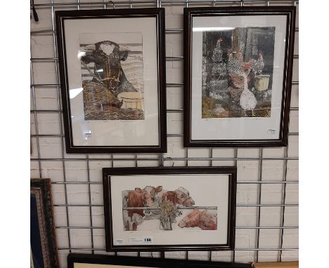 3 LITHOGRAPH PICTURES OF COW &amp; DUCK - SIGNED CHAND TRUSCOTT - LIMITED EDITION