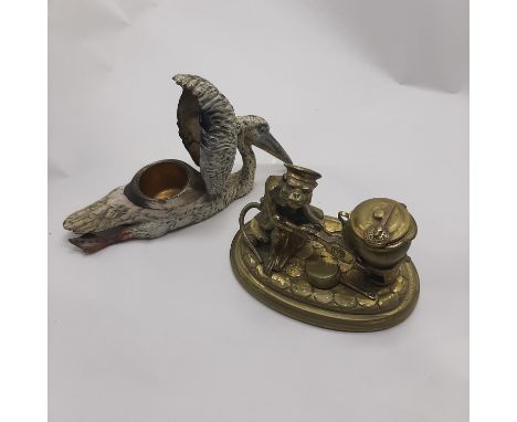 BRASS MONKEY INKWELL A/F &amp; COLD PAINTED STORK INKWELL
