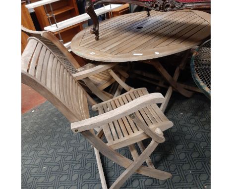 WOODEN GARDEN FURNITURE - TABLE WITH 4 CHAIRS &amp; UMBRELLA