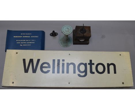 Railwayana: Wellington British Railways station sign, class 37 air horn, railway lamp etc.
