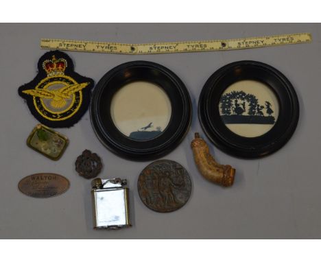 Mixed lot of assorted collectables including silhouettes, a lighter, vintage passenger token etc.