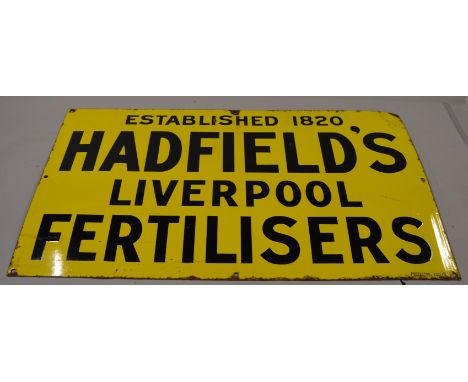 "ESTABLISHED 1820 HADFIELD'S FERTILISERS LIVERPOOL" enamel sign. 76cm x 46cm.
