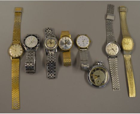 8 assorted watches including a 9ct gold rotary example, contained in a Tunbridgeware box.
