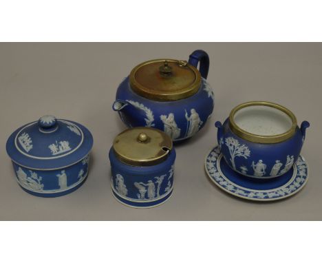 Small collection of Wedgewood Jasperware including teapot and other silver plated examples.