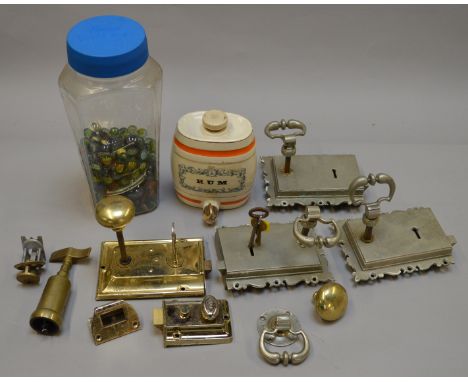 Mixed lot of collectables incluing marbles, vintage locks and Wade advertising barrel. 