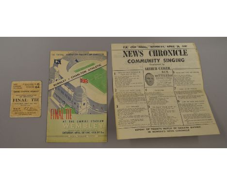 1947 FA Cup Final Burnley V Charlton Athletic Saturday April 26th 1947, Empire Stadium Wembley official programme and matchda