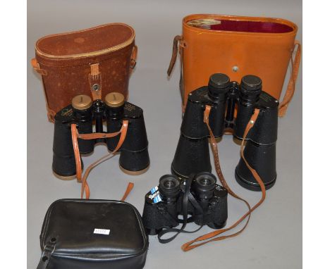 3 Sets of vintage binoculars and field optics including Greenkat examples, with cases.