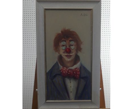 Elio Vitali (20th Century) Italian, Portrait of a Clown, oil on canvas, signed, also signed and inscribed verso, 60cm x 30cm,