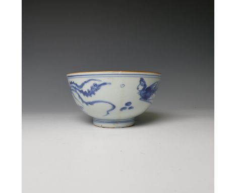 An antique Chinese blue and white porcelain Bowl, with underglaze blue decoration of birds, with character mark to base, D 14