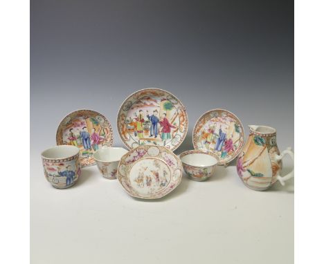 A matched set of 19thC Chinese famille rose porcelain Teawares, to comprise a sparrow-beak Jug, Teabowl, two Saucers, Cup and