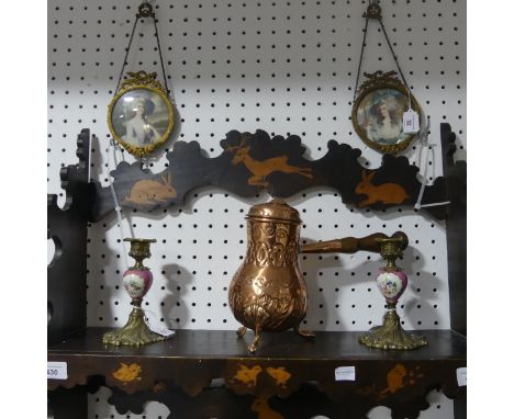 A pair of Sevres style porcelain and gilt metal Candlesticks, decorated with floral panels, H 15cm, together with a copper Ch