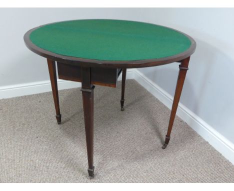 An Edwardian mahogany inlaid demi-lune Card Table, with fold-over top lined with baize, raised on square tapering legs with c