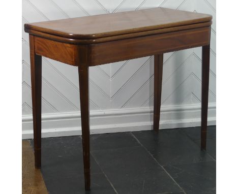 A 19thC inlaid mahogany fold over Card Table, with folding and rotating mechanism set on straight legs, (top open) W 91cm x D