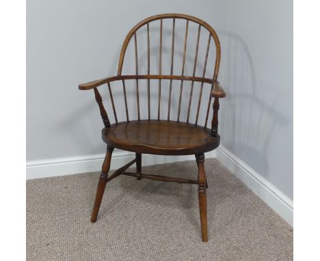 A late 19th century ash and elm Windsor Chair, with stick back and shaped seat, on turned legs joined by a H stretcher, W 60c