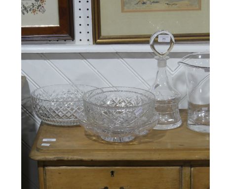 A mid 20thC Orrefors glass Decanter, signed on the base, together with a Dartington Crystal ice bucket, five cut glass crysta