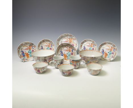 A small quantity of antique Chinese famille rose Teawares, to comprise three Teabowls, five Saucers, Bowl and Dish, together 