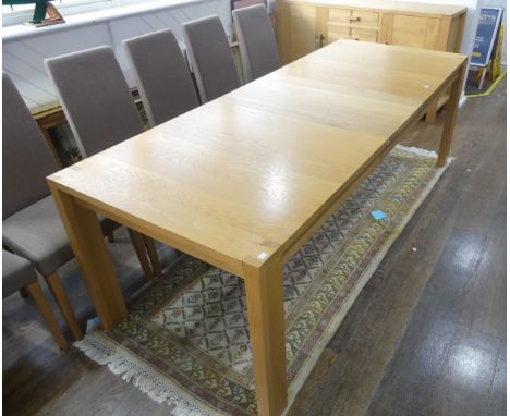 A modern light oak John Lewis Dining Table and six Chairs, featuring dovetail joints, W 231cm x H 76cm x D 90cm (a lot) 