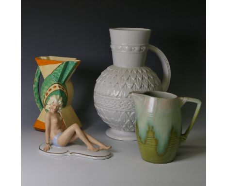 A Wagner &amp; Apel figure of a Nude, together with a Myott pottery Bow Jug, an Art Deco jug and a large white pottery Jug (4
