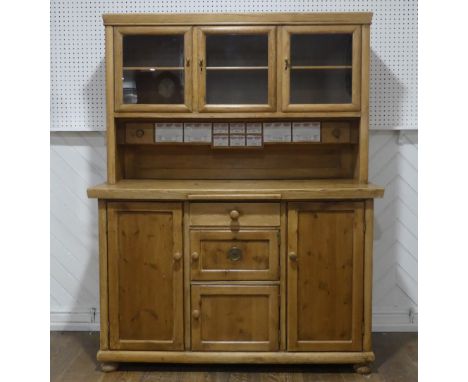 An Early 20thC glazed pine&nbsp;Dresser, with ceramic spice draws, W 137cm x H 173cm x D 55.5cm. 