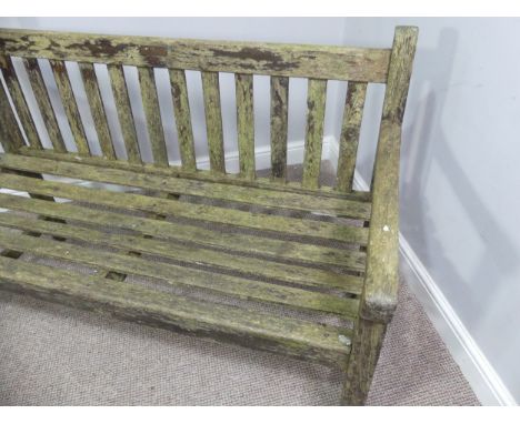 Garden Furniture; a teak Garden Bench, made from wood from HMS Birmingham, with brass plaque, weathered, W 121cm x D 54cm x H