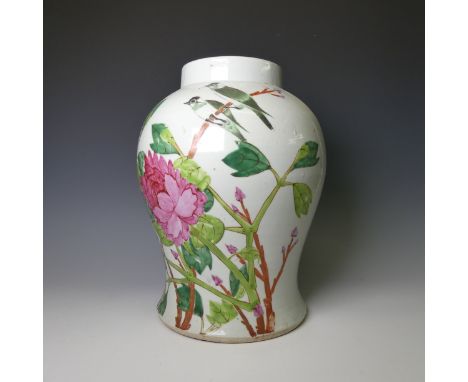 A pair of early 20thC Chinese porcelain Temple Jars, lacking lids,&nbsp;decorated with birds and flowers in bright enamels, c