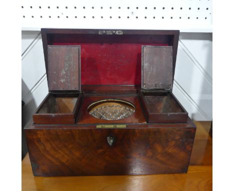 A 19thC mahogany Tea Caddy,&nbsp;as found, with damages and replacement&nbsp;glass,&nbsp;33cm wide. 