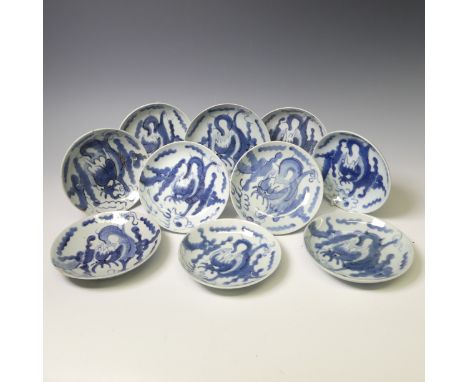 A quantity of Chinese porcelain blue and white Tablewares, comprising ten near-matched plates, D 16cm, and four matched bowl,