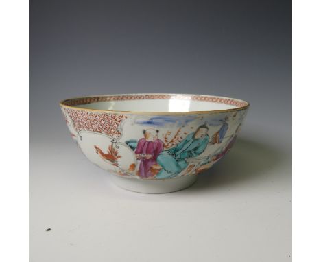 A 19thC Chinese porcelain famille rose Bowl, decorated with figures and fauna enclosed with scale decoration, raised on foot,