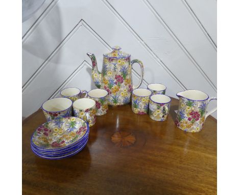 A Royal Winton 'Marguerite' pattern Coffee Set, comprising six Cans and Saucers, Coffee Pot, Cream Jug and Sugar Bowl,&nbsp;t