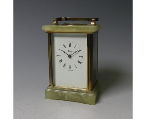 An English gilt brass and green onyx marble Carriage Clock timepiece, of five glass form, the 8-day movement stamped Henley, 
