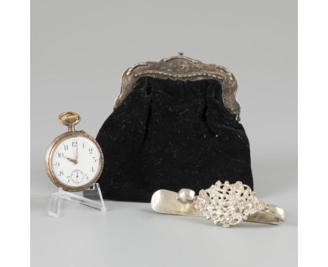 Consisting of a silver pocket watch, bracket purse and a BLA skirt hook. 20th century, hallmarks: various silver hallmarks / 