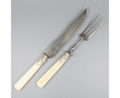 Equipped with plastic handles with silver fittings and metal fork and knife handle. Belgium, Liège?, Coutellerie Namuroise I.