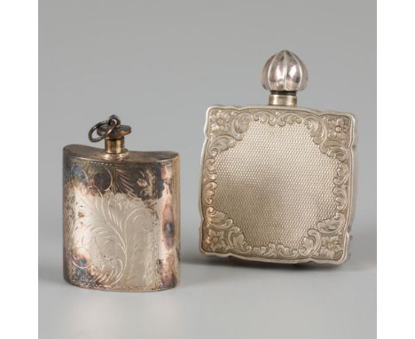 Shaped as pocket flask, with engraved decorations. Sweden / Netherlands, Stockholm / ?, 20th century, hallmarks: landkeur, S,