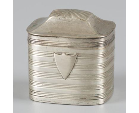 Rectangular model with ribbed decorations, brazed-on vacant cartouche and pin cushion inside. Netherlands, Schoonhoven, Adria