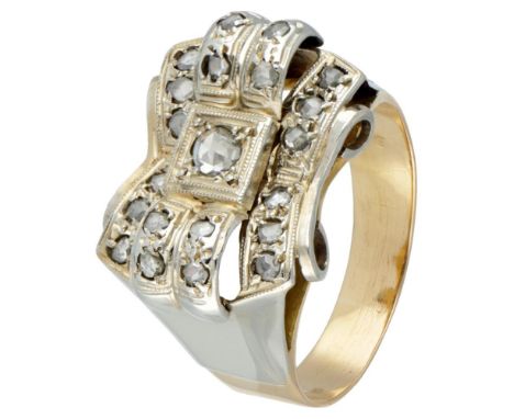 Hallmarks: 750, unclear maker's mark. Set with 21 rose cut diamonds (1x Ø approx. 3 mm and 20x Ø approx. 1 mm). Ring size: 17