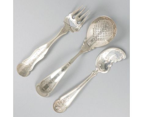 Consisting of a butter knife, meat fork and sifter spoon, all with engraved decorations. Netherlands, Voorschoten / Schoonhov