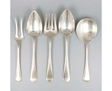 With pearl rim. Consisting of custard spoon, salad servers, vegetable spoon and meat fork. Netherlands, Voorschoten, J.M. van