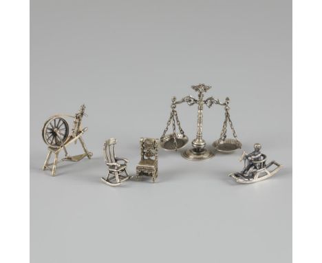 Consisting of scales, a rocking horse, spinning wheel and two chairs. With many details. Netherlands / Italy, various origins