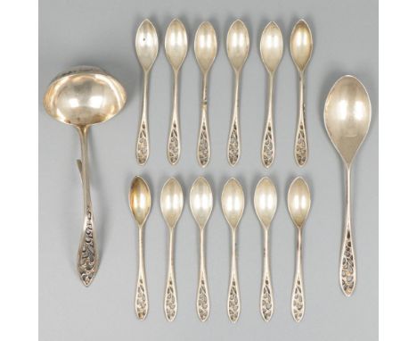 Consisting of 12 mocha spoons, a cream spoon and a sugar scoop. With openwork handle. Netherlands, Schoonhoven / Amsterdam, H