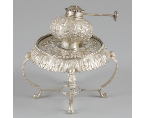 Richly decorated with embossed floral decorations, birds and pearl rim. Complete with original burner. The Netherlands, Haarl