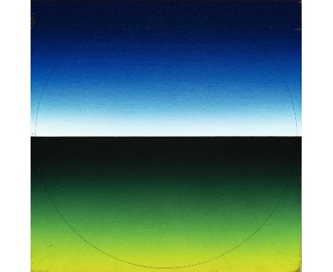 Peter Kalkhof (1933-2014)  Space and Colour, Horizon Blue and Green  Acrylic on canvas, 37 x 37cm  Signed, inscribed and date