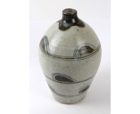 Simon Leach (b.1956-) studio pottery vessel
Of ovoid form, having tenmoku and blue glazed decoration, impressed seal mark to 
