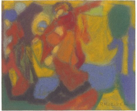 Hölzel, Adolf -- Ohne Titel (Figürliche Komposition)Pastellkreiden über Bleistift auf Velin. Um 1925-30. 11,8 x 15,4 cm.Unten